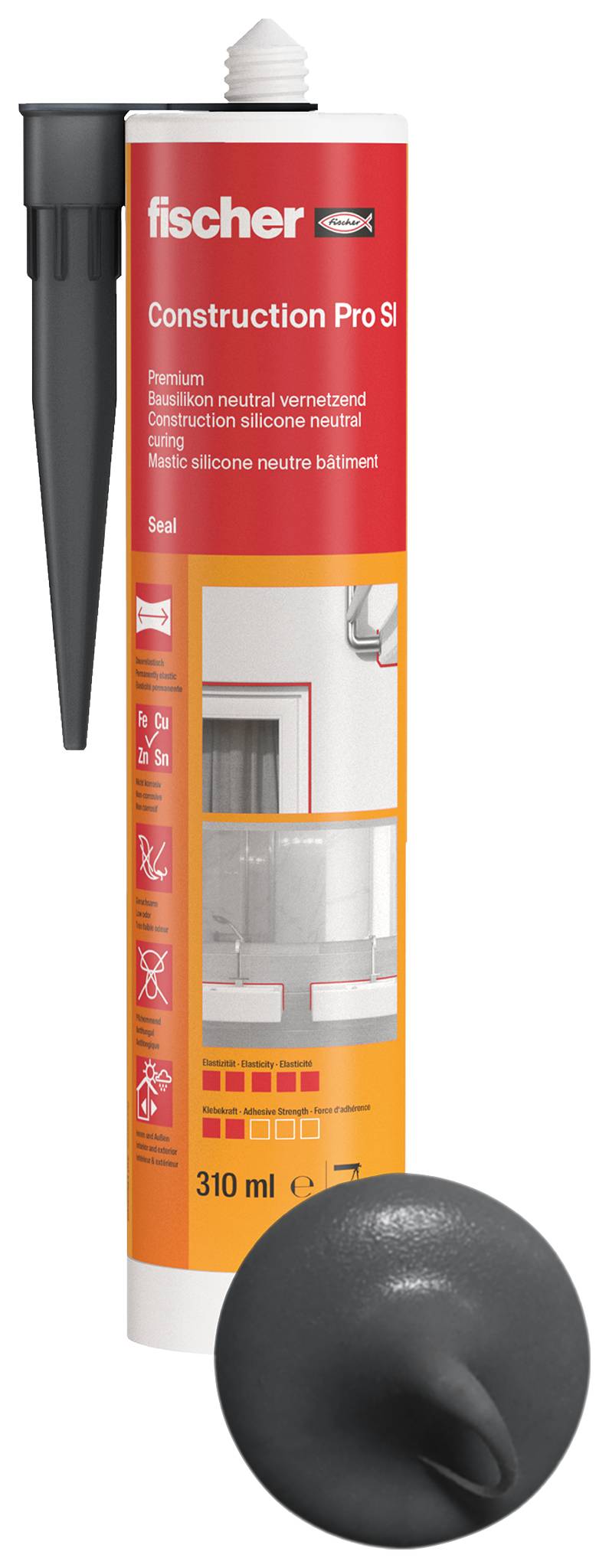 Une cartouche blanche portant l'inscription 'fischer Premium Bausilicon'. Elle contient 310 ml de silicone pour la construction et l'étanchéité.