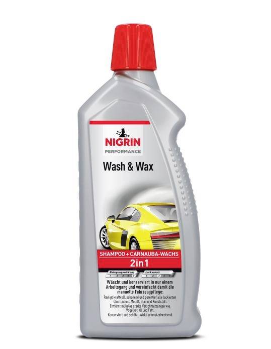 Bouteille de produit d'entretien automobile 'Nigrin Performance Wash & Wax'. Voiture de sport jaune sur l'étiquette. Shampoing 2-en-1 avec cire de carnauba.