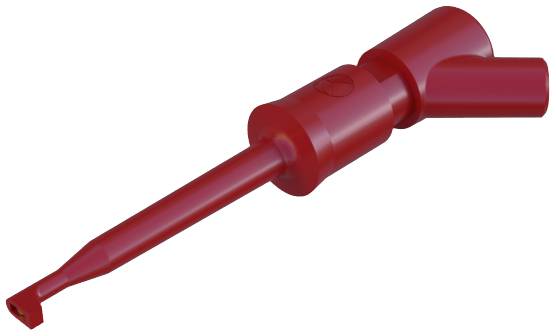 Un embout de sonde de test rouge avec une extrémité étroite et allongée et une poignée circulaire, utilisé dans des applications électriques.