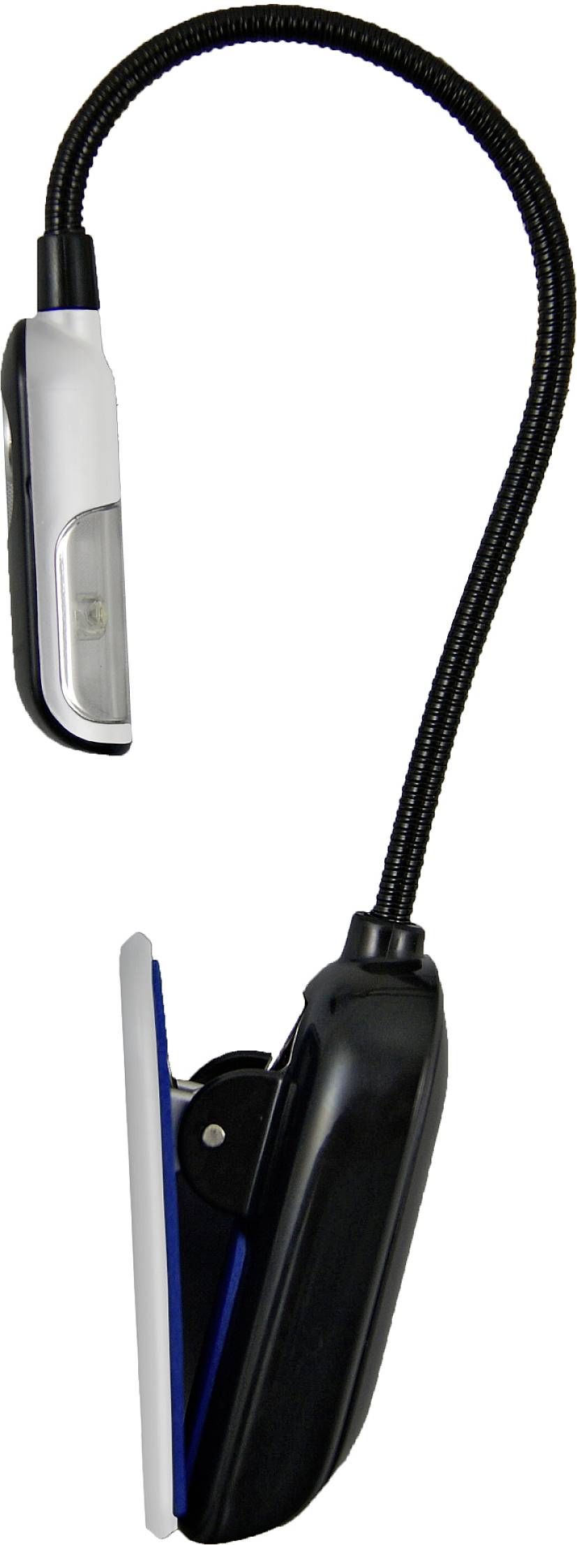 Lampe de lecture flexible avec pince, noir et blanc, pour éclairer les livres pendant la lecture.