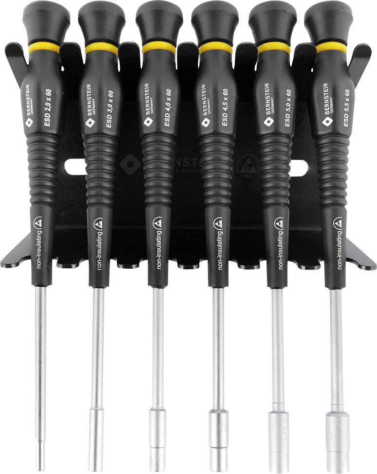 Six tournevis de précision dans un support noir, marqués avec différentes tailles de 0,2 à 0,5 x 3,0 mm ESD.