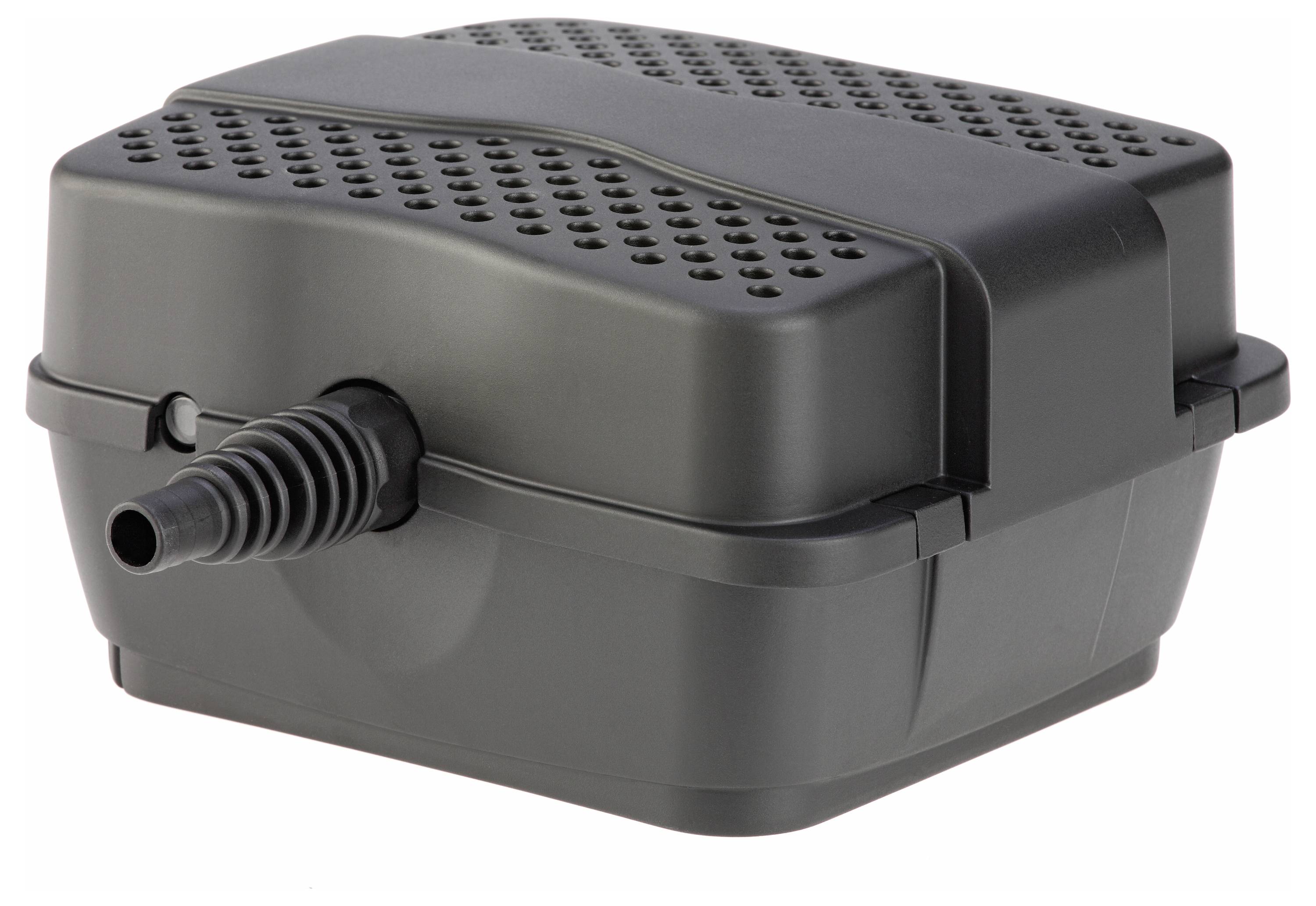 Une pompe à air électrique noire avec un couvercle ventilé et un embout sur le côté, utilisée pour gonfler des matelas pneumatiques ou des jouets gonflables.