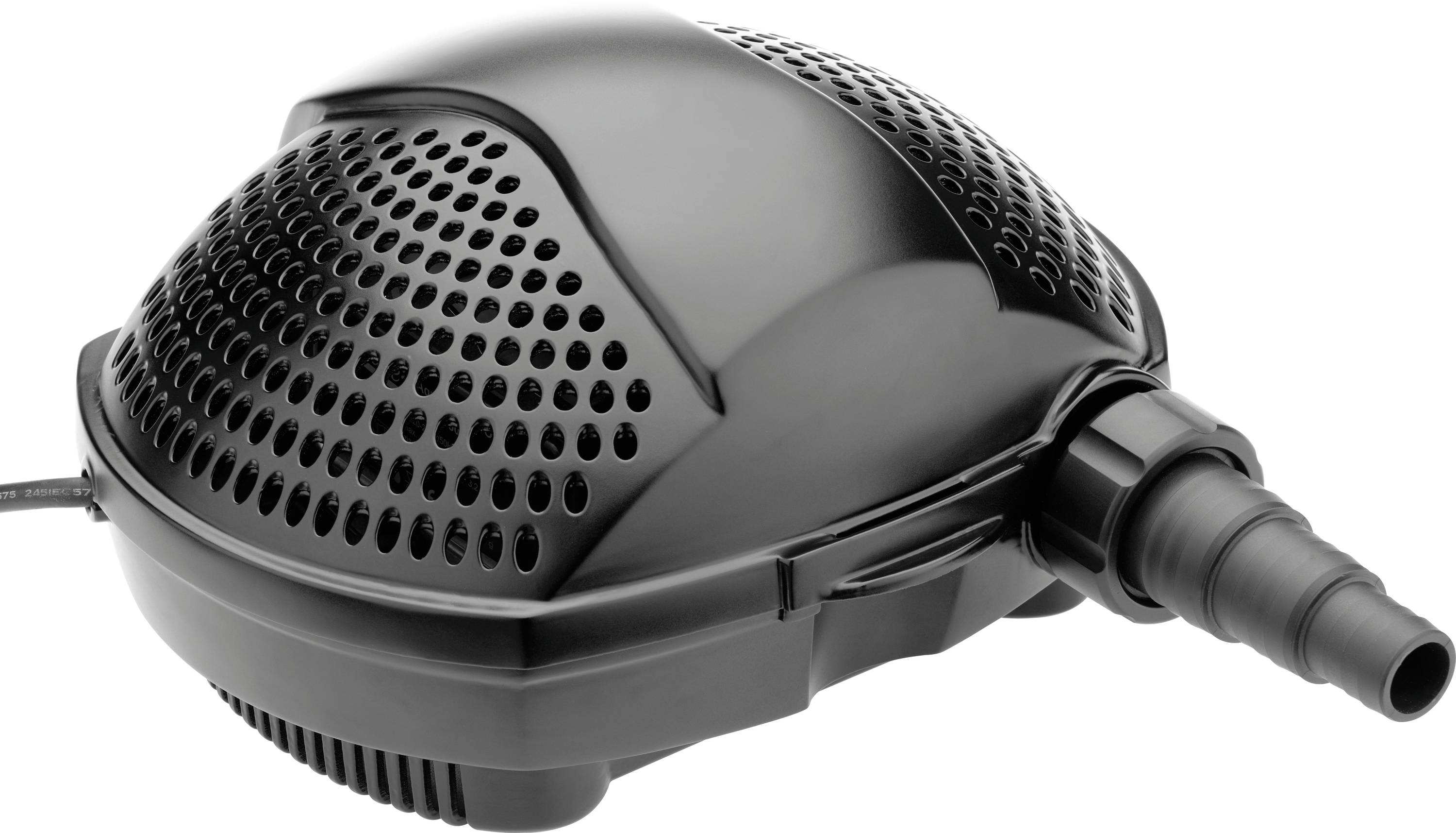 Une pompe de bassin noire, en forme de dôme, avec un couvercle perforé et une sortie inclinée, conçue pour les systèmes de filtration et d'aération de l'eau.