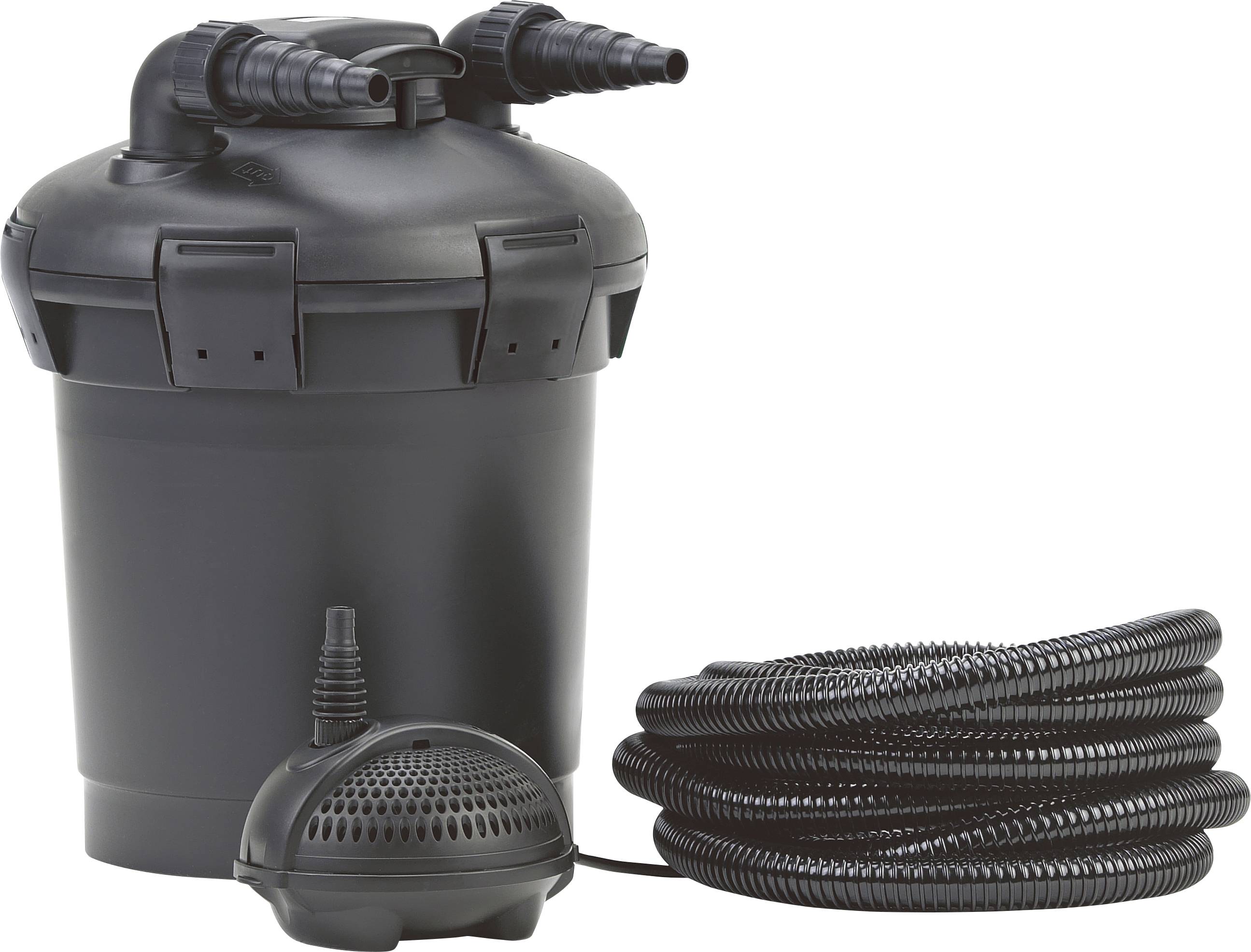 «Un filtre d'étang noir avec des tuyaux pour la filtration de l'eau ; design compact adapté à une utilisation extérieure.»