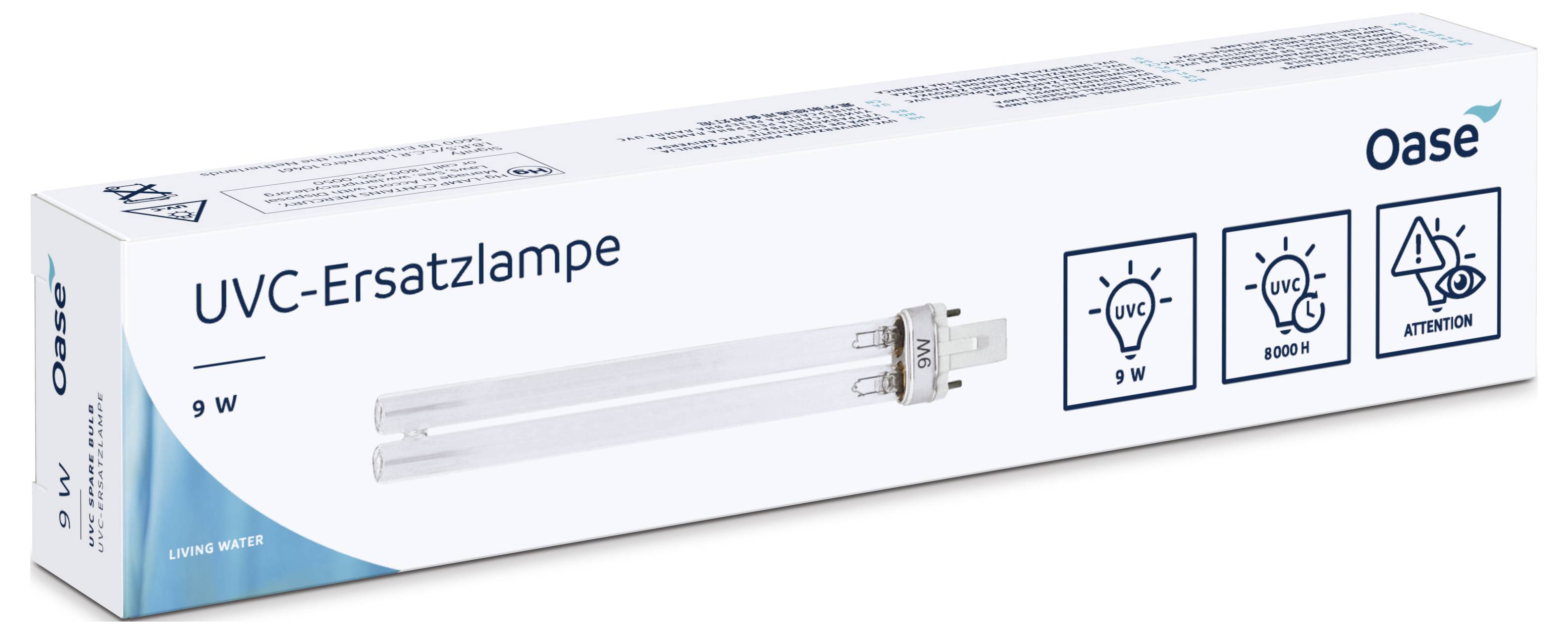 Un boîtier rectangulaire étiqueté 'UVC-Ersatzlampe 9W' avec des icônes indiquant une radiation UVC, un livre et un symbole d'attention. Nom de marque 'Oase' affiché.