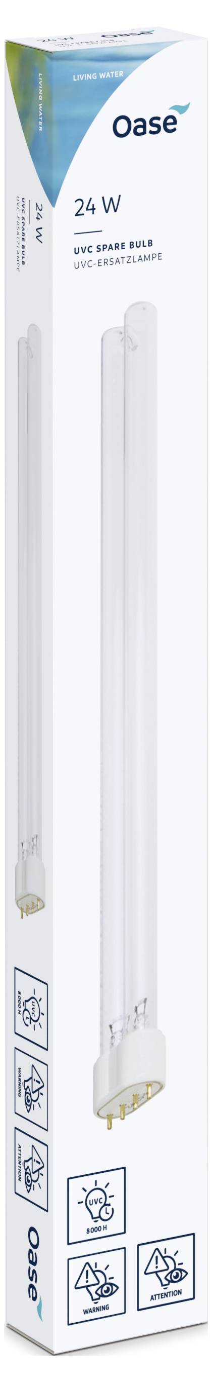 Un coffret rectangulaire long pour une ampoule de rechange UV-C de 24W de la marque Oase est présenté. L'emballage affiche des icônes liées à l'eau et des détails sur le produit.