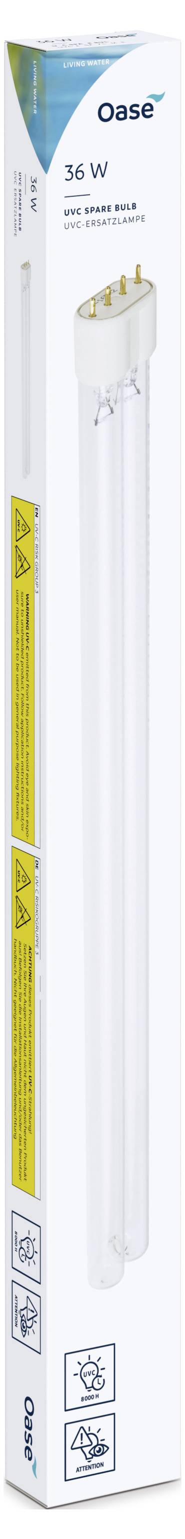 Un boîtier blanc contenant une lampe UVC de 16W, conçue pour les systèmes de purification d'eau. L'emballage comprend des avertissements de produit et des icônes de sécurité.