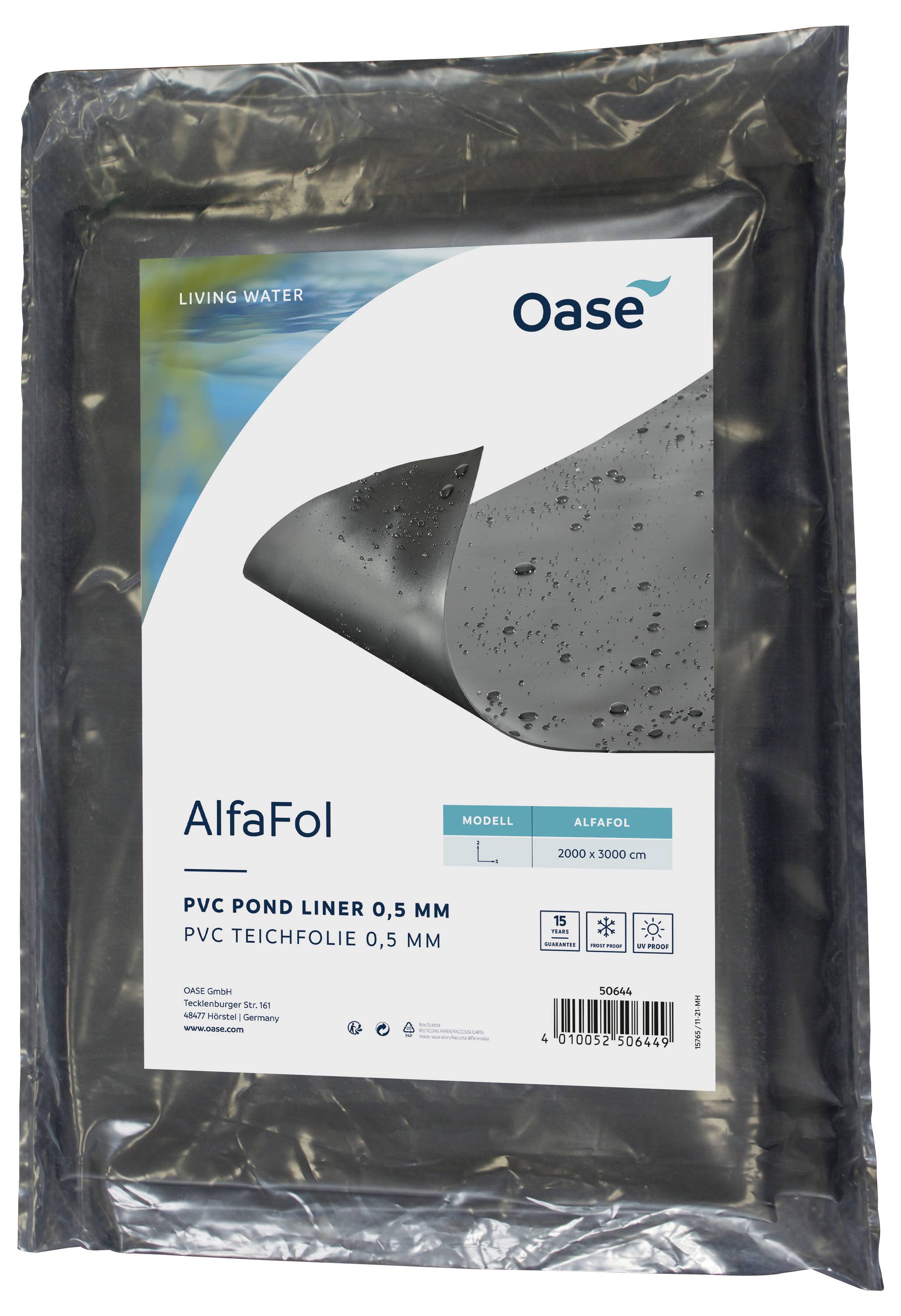 Revêtement d'étang PVC Oase AlfaFol Living Water, 0,5 mm, 200 x 300 cm, présentant un échantillon de matériau noir pour doublure de bassin.