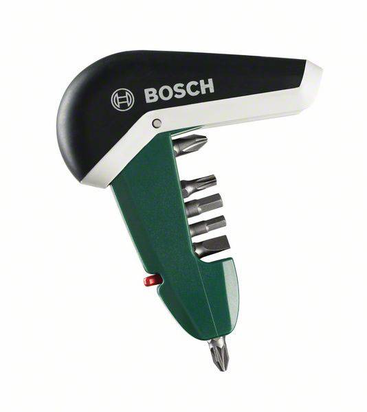 Un tournevis électrique Bosch avec embouts interchangeables, compact et maniable, idéal pour différents travaux de vissage.