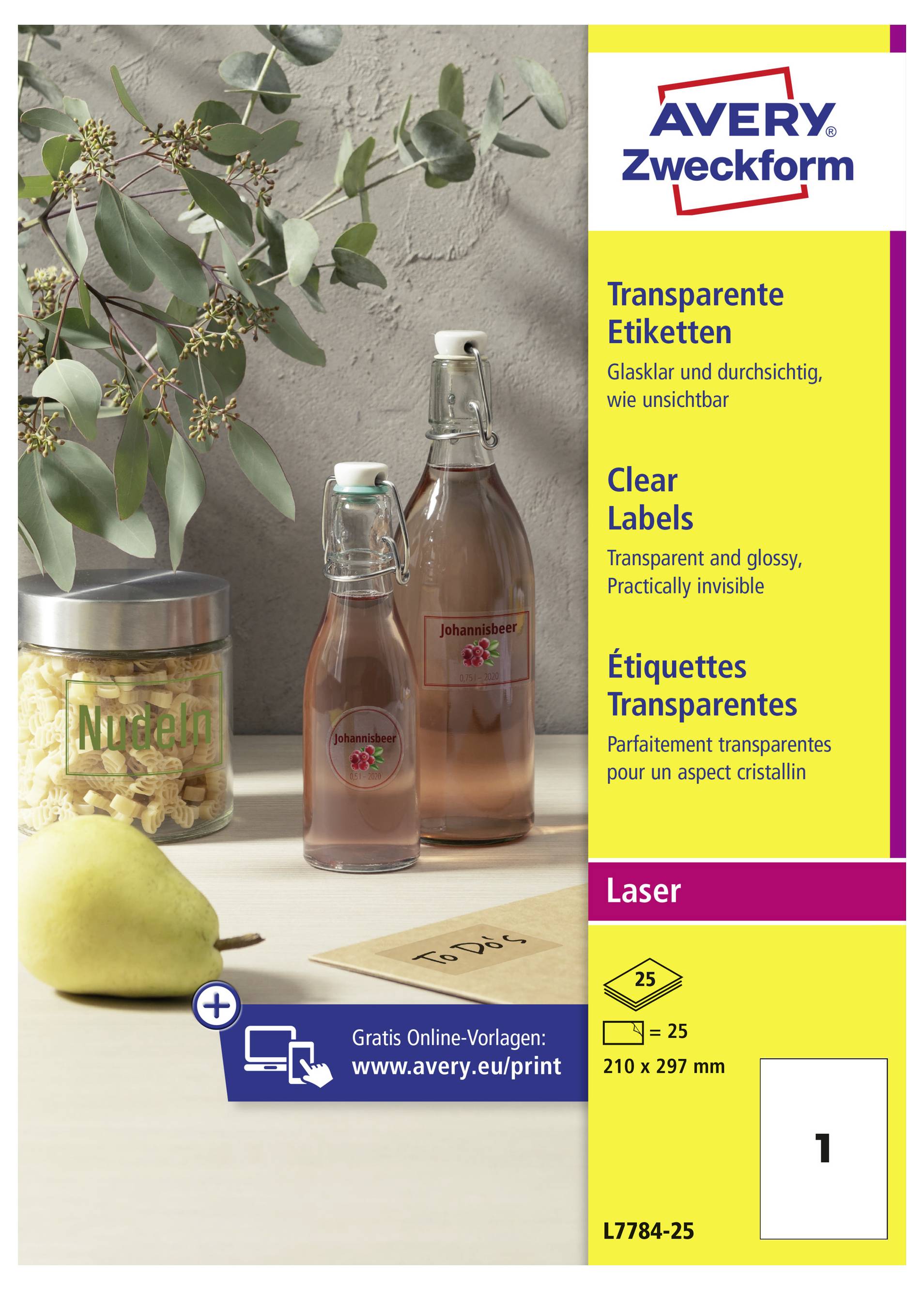 Étiquettes laser transparentes Avery Zweckform, emballage contenant des étiquettes transparentes brillantes, 210 x 297 mm, 25 feuilles, code produit L7784-25.