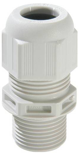 Un presse-étoupe en plastique, utilisé pour fixer et protéger les câbles passant par les boîtiers, équipé d'un corps fileté et d'un écrou de serrage.