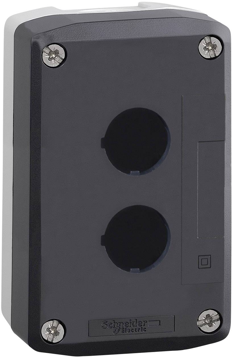 Prise double avec boîtier rectangulaire noir et quatre vis visibles dans les coins. Logo du fabricant en bas.