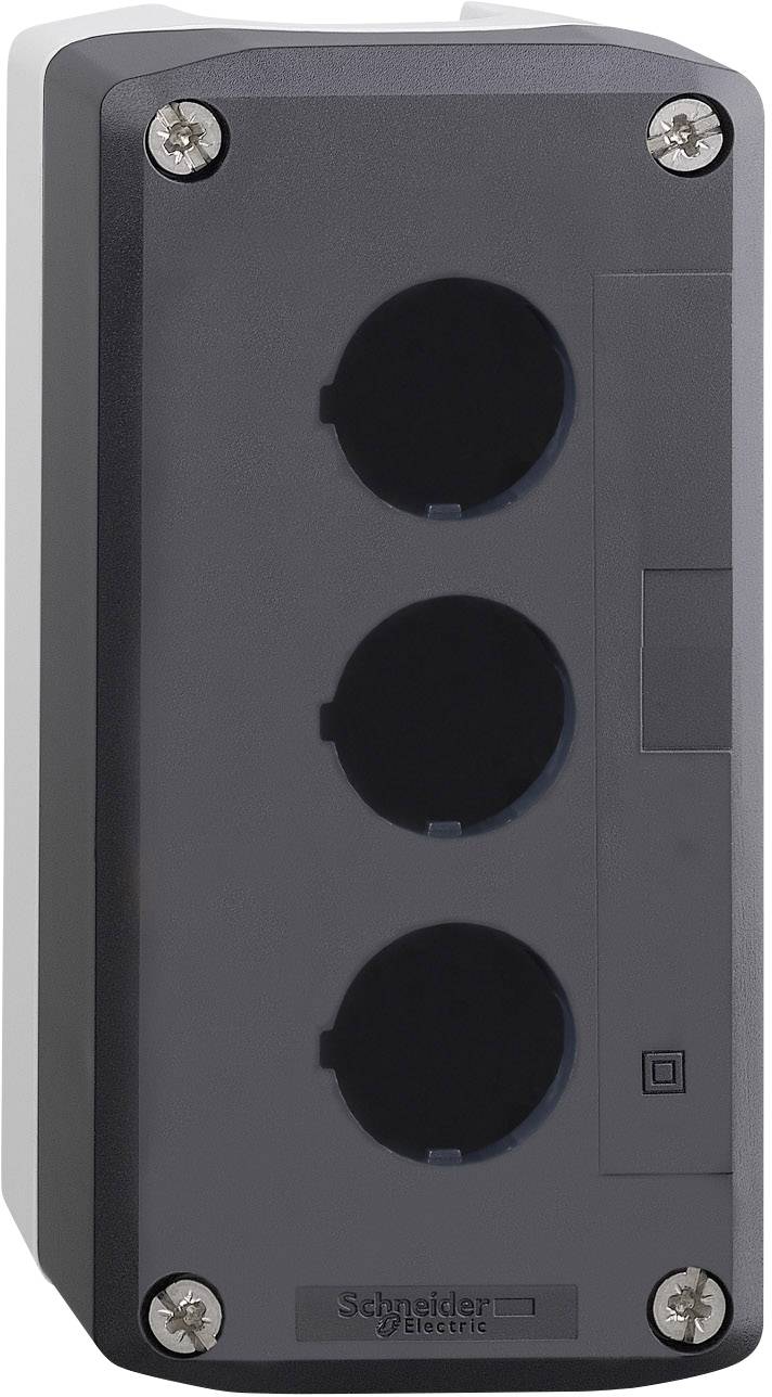 Un boîtier gris avec trois emplacements ronds, adapté pour accueillir des boutons-poussoirs ou des interrupteurs, logo de marque en bas.