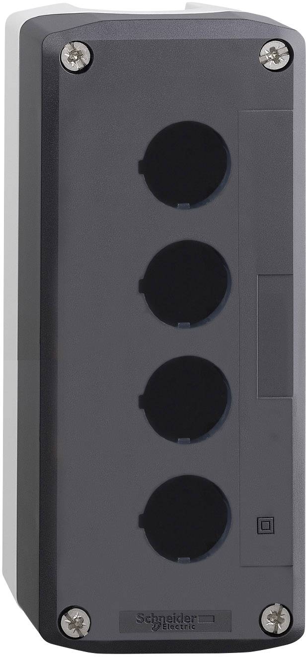 Un boîtier noir avec quatre découpes circulaires disposées verticalement, adapté pour les connexions électriques.
