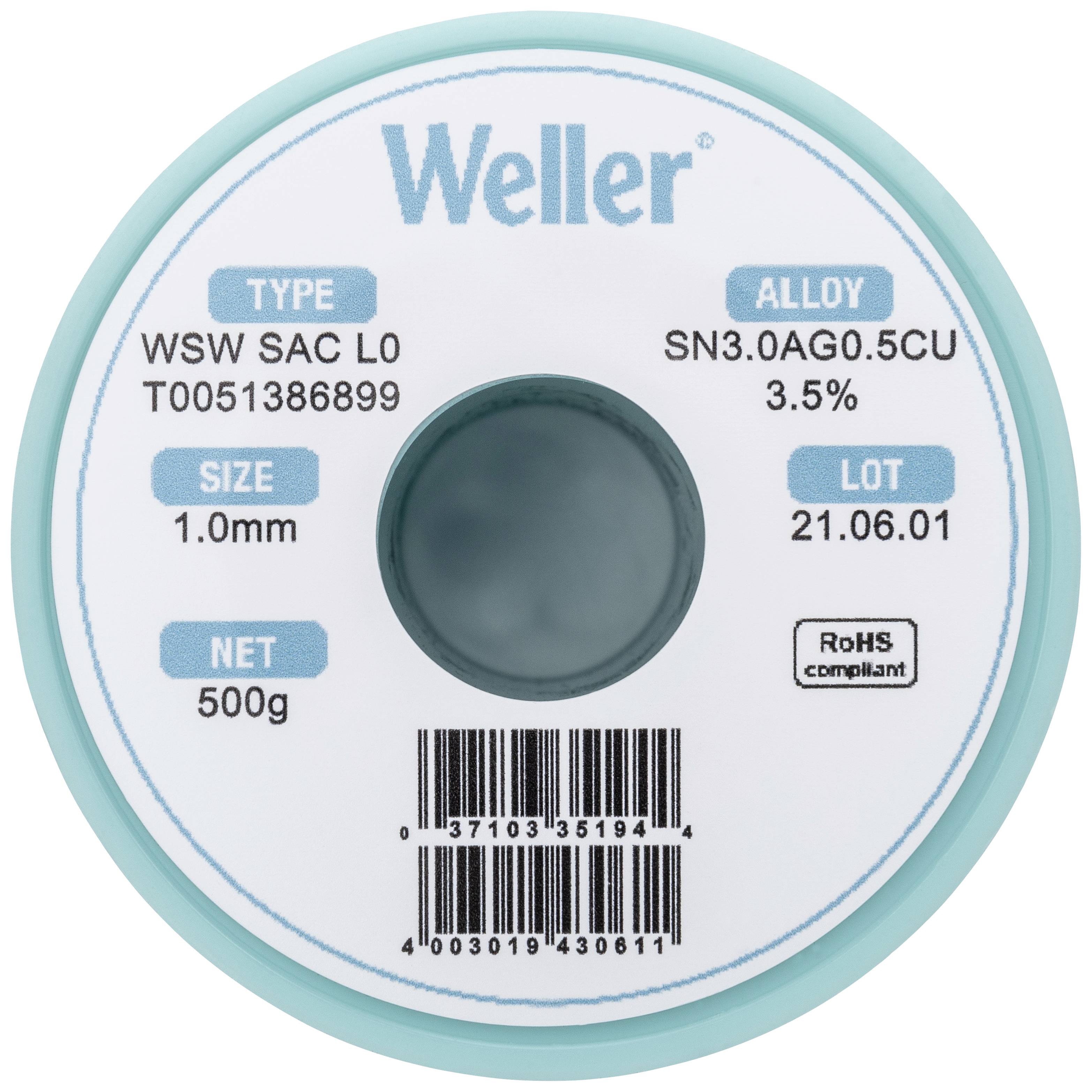 Rouleau de soudure Weller de type WSW SAC LO et d'alliage SN3.0AG0.5CU. Diamètre 1,0 mm, poids net 500g.