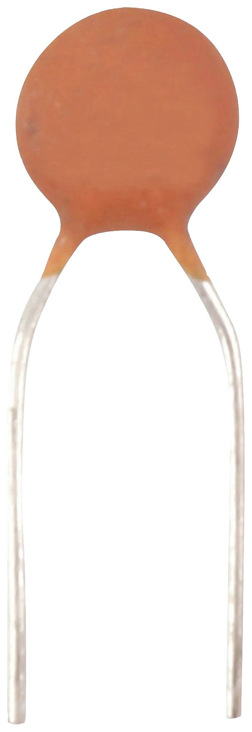 Un condensateur électronique orange, en forme de disque, avec deux pattes métalliques en saillie pour la fixation sur des circuits imprimés.