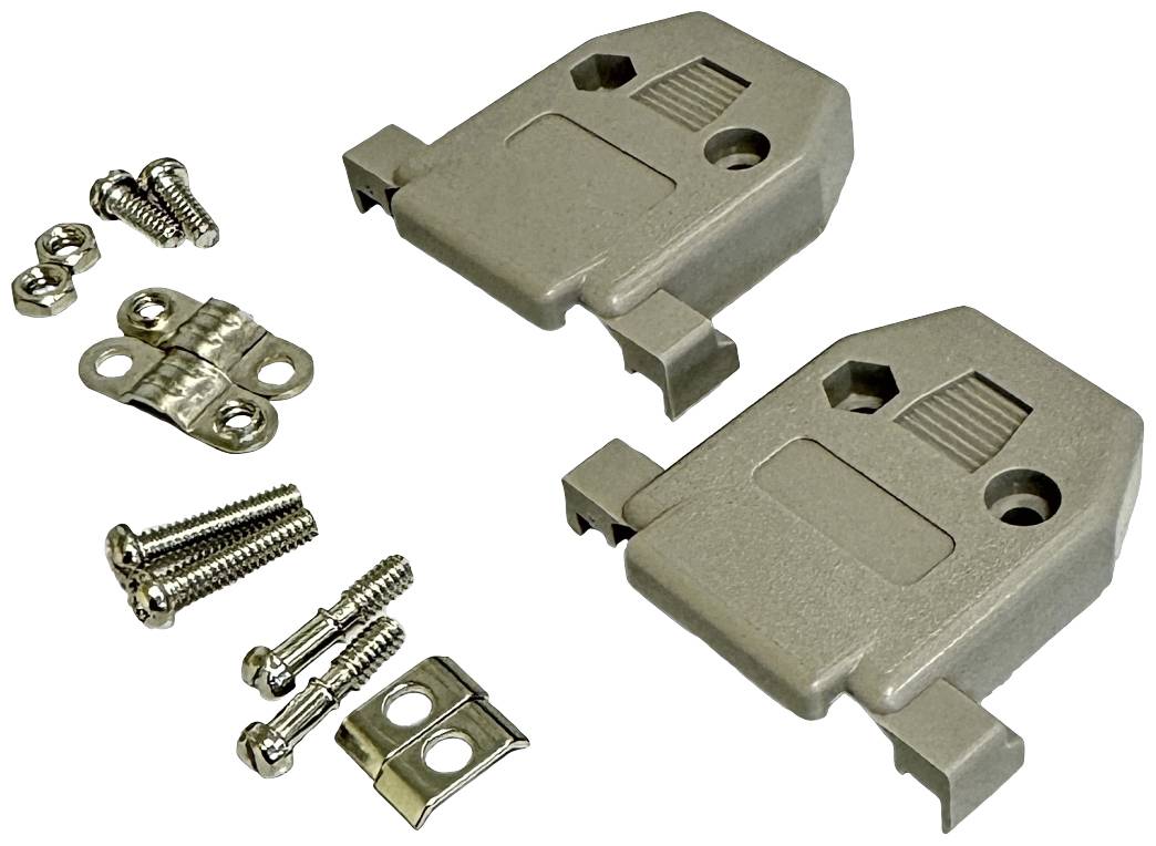 Pièces d'un ensemble de connecteurs comprenant deux boîtiers de connecteurs, des vis et des clips métalliques.