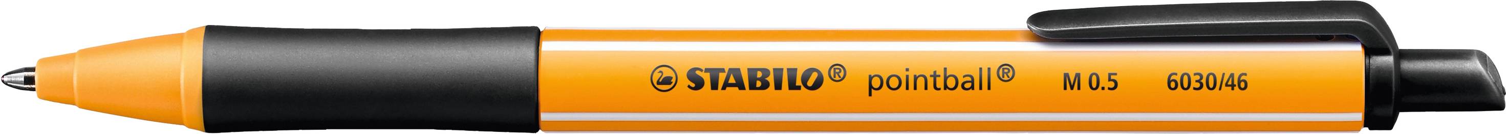 Un stylo à bille orange avec un embout et un capuchon noir de la marque STABILO, modèle pointball M 0.5.
