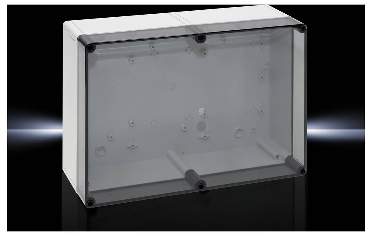 Boîte en plastique transparent avec couvercle amovible, montrant des supports internes et des points de fixation, sur un fond noir.