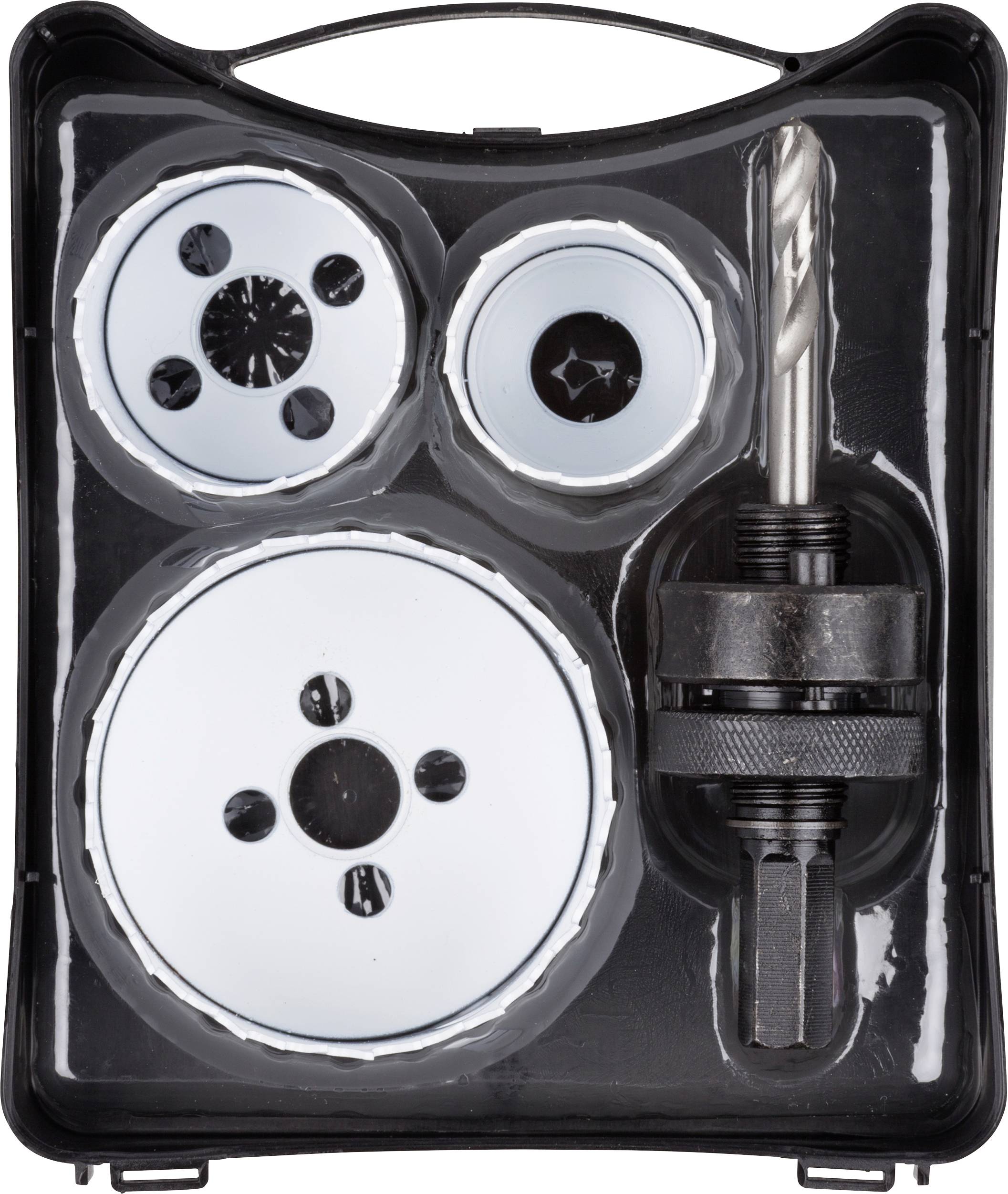 Coffret de couronnes de forage comprenant différentes couronnes de forage rondes et un foret, disposés sur un support en plastique noir.