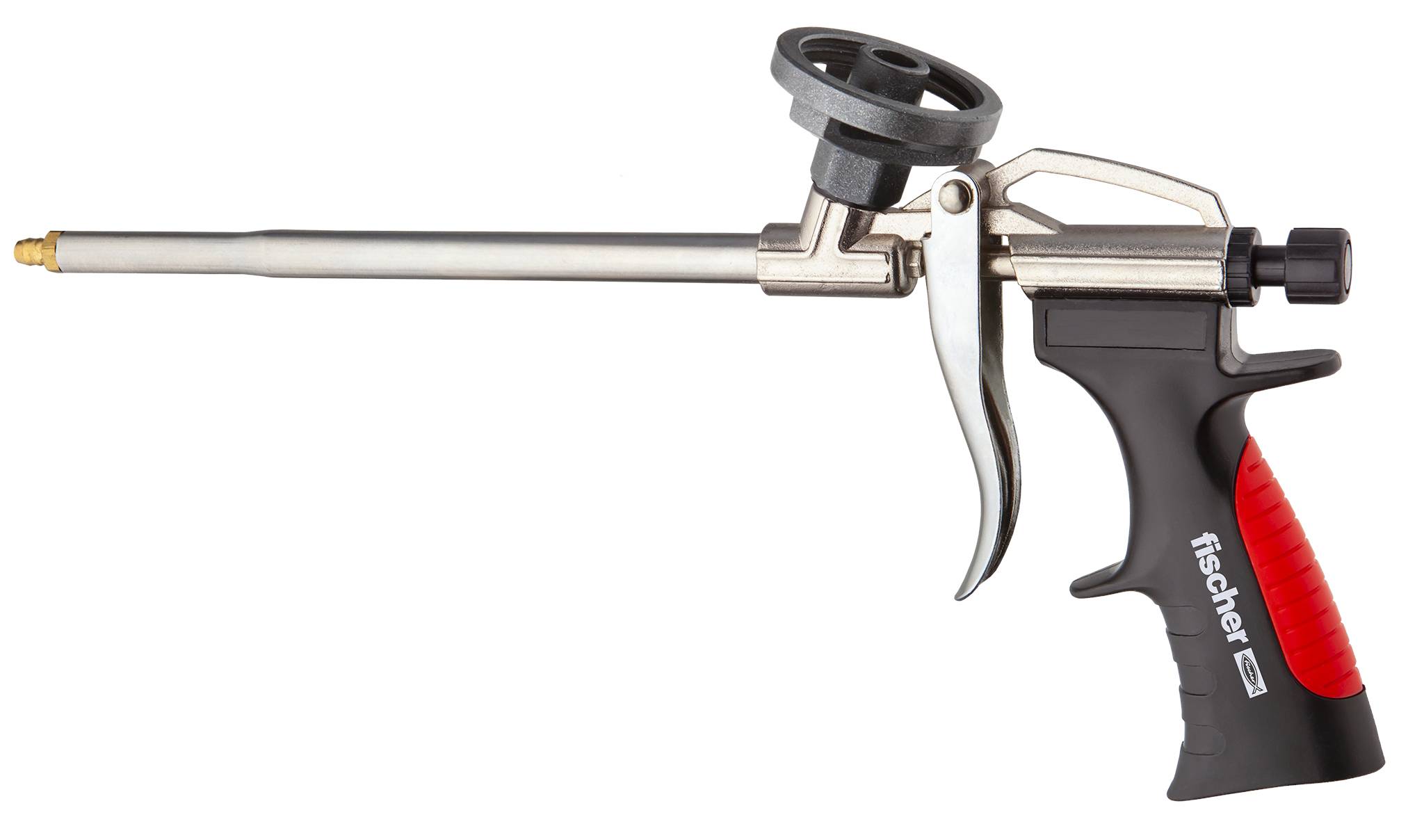 Pistolet à mousse avec poignée noire et accent rouge, adapté pour l'application précise de mousse de construction dans des travaux de construction.