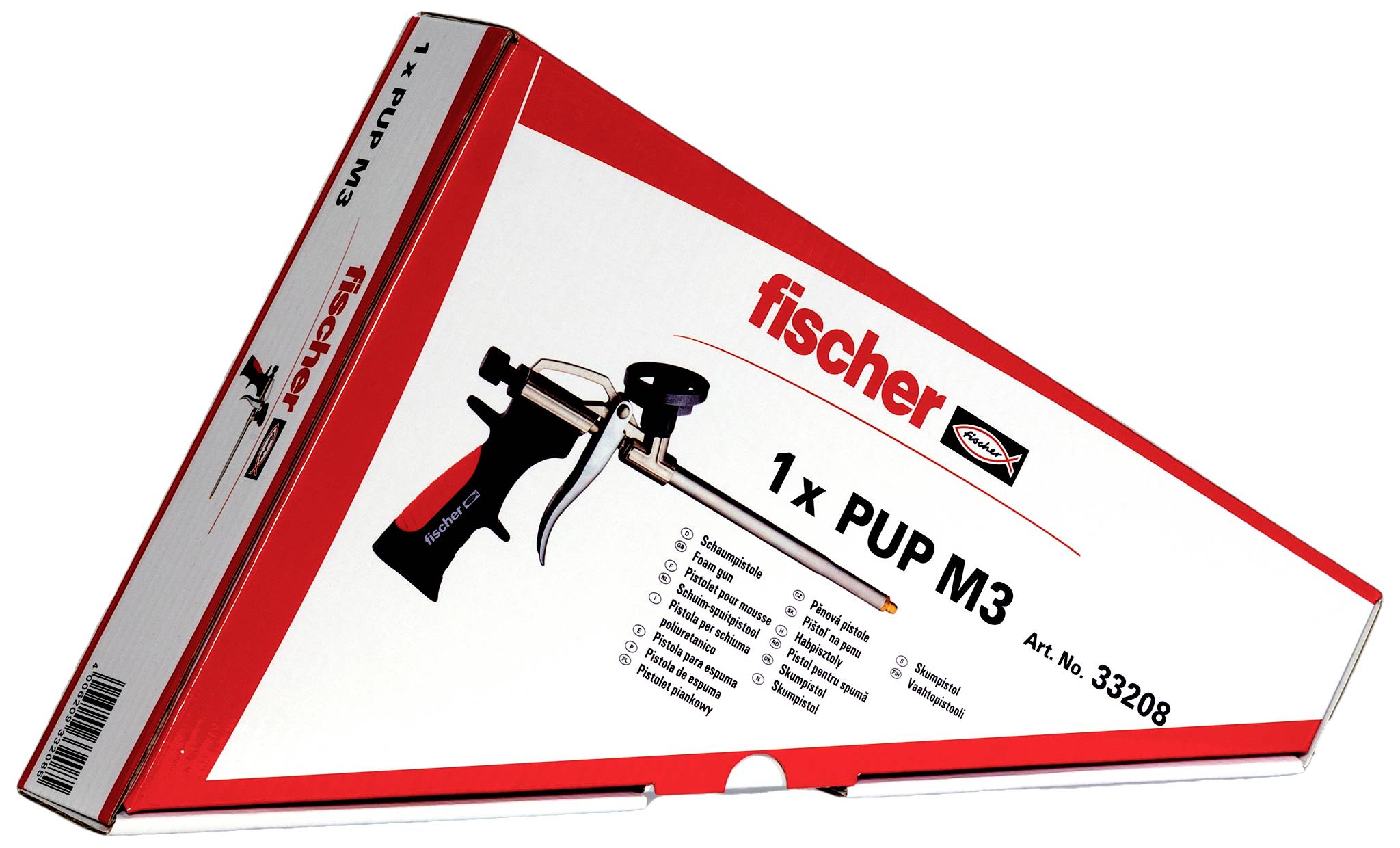 Emballage de Fischer 1x PUP M3, un carton de produit avec une illustration d'un pistolet à mousse et des informations relatives au produit.