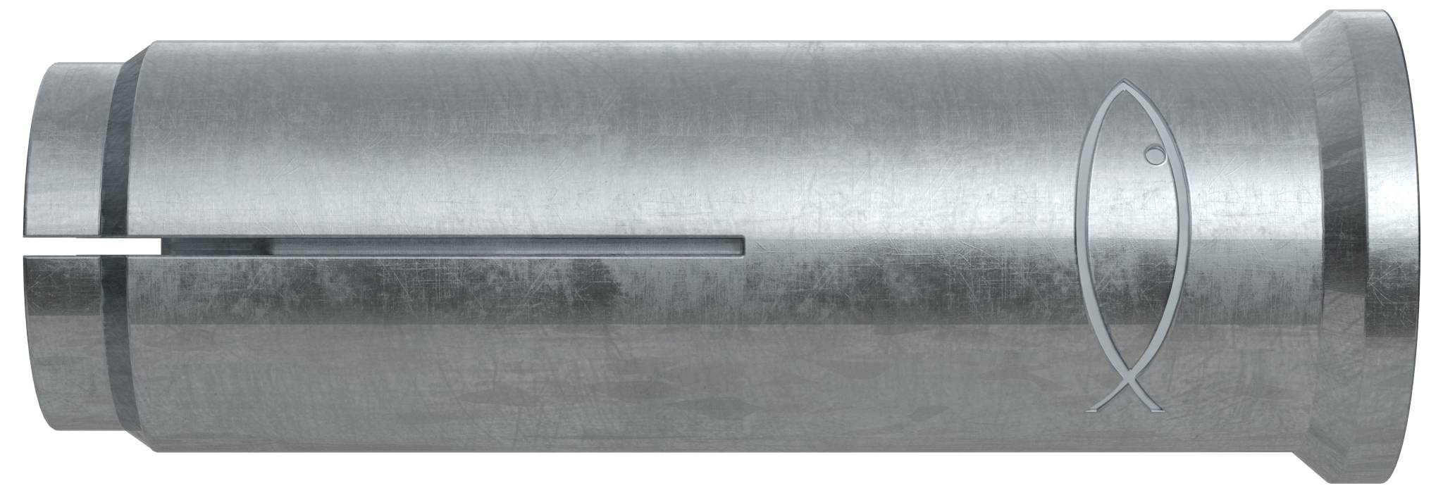 Raccord de tuyauterie cylindrique en métal argenté avec une fente en forme de croix et un symbole de poisson gravé sur le côté.