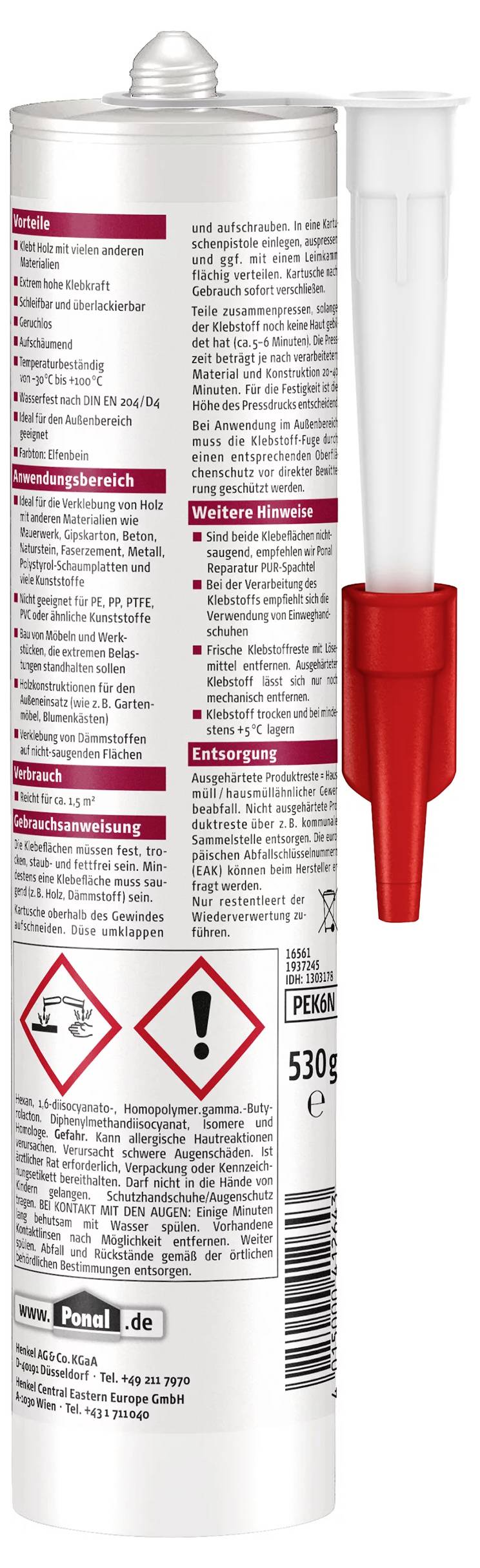 Cartouche de mastic. Contient des consignes de sécurité et d'utilisation ainsi que des indications chimiques avec des symboles de danger.