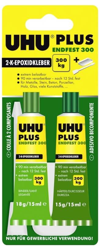 Deux tubes de colle époxy bicomposante UHU PLUS Endfest 300, avec une résistance élevée jusqu'à 300 kg/cm². Adapté aux métaux, pierre, verre et plastiques.
