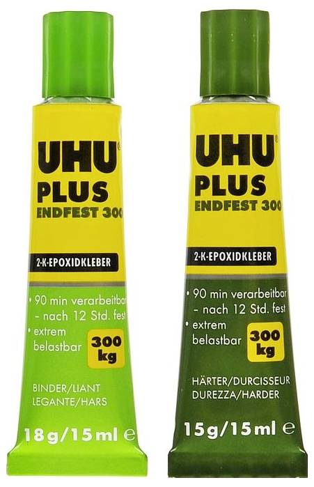 Deux tubes UHU Plus Endfest 300, colle époxy bicomposante. Un tube vert, un tube jaune. Adaptée pour des assemblages extrêmement résistants.