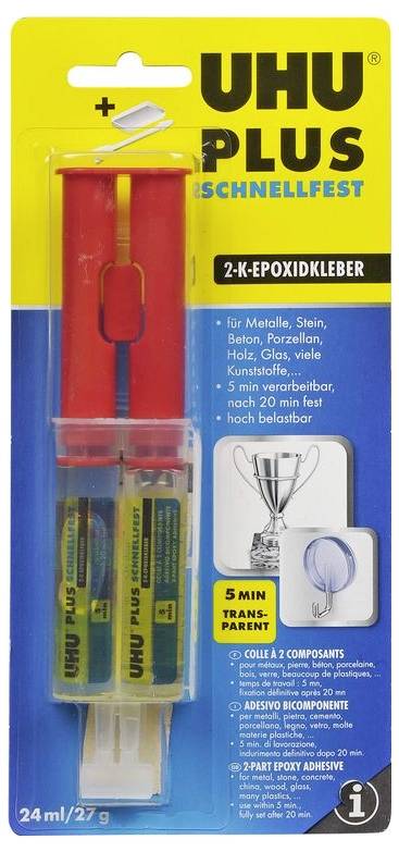 UHU Plus Schnellfest - Colle époxy bicomposante pour métaux, bois, verre, plastique. Transparence en 5 minutes, résistance élevée.