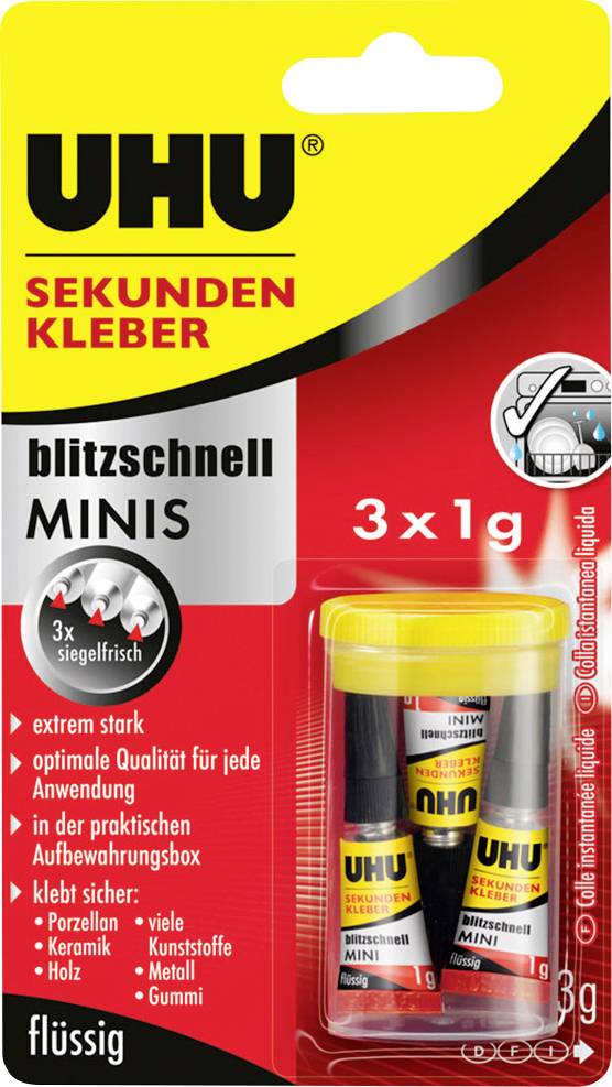 UHU Colle instantanée MINIS 3x1g. Extrêmement forte, convient pour la porcelaine, les plastiques, le métal, le caoutchouc. Liquide.