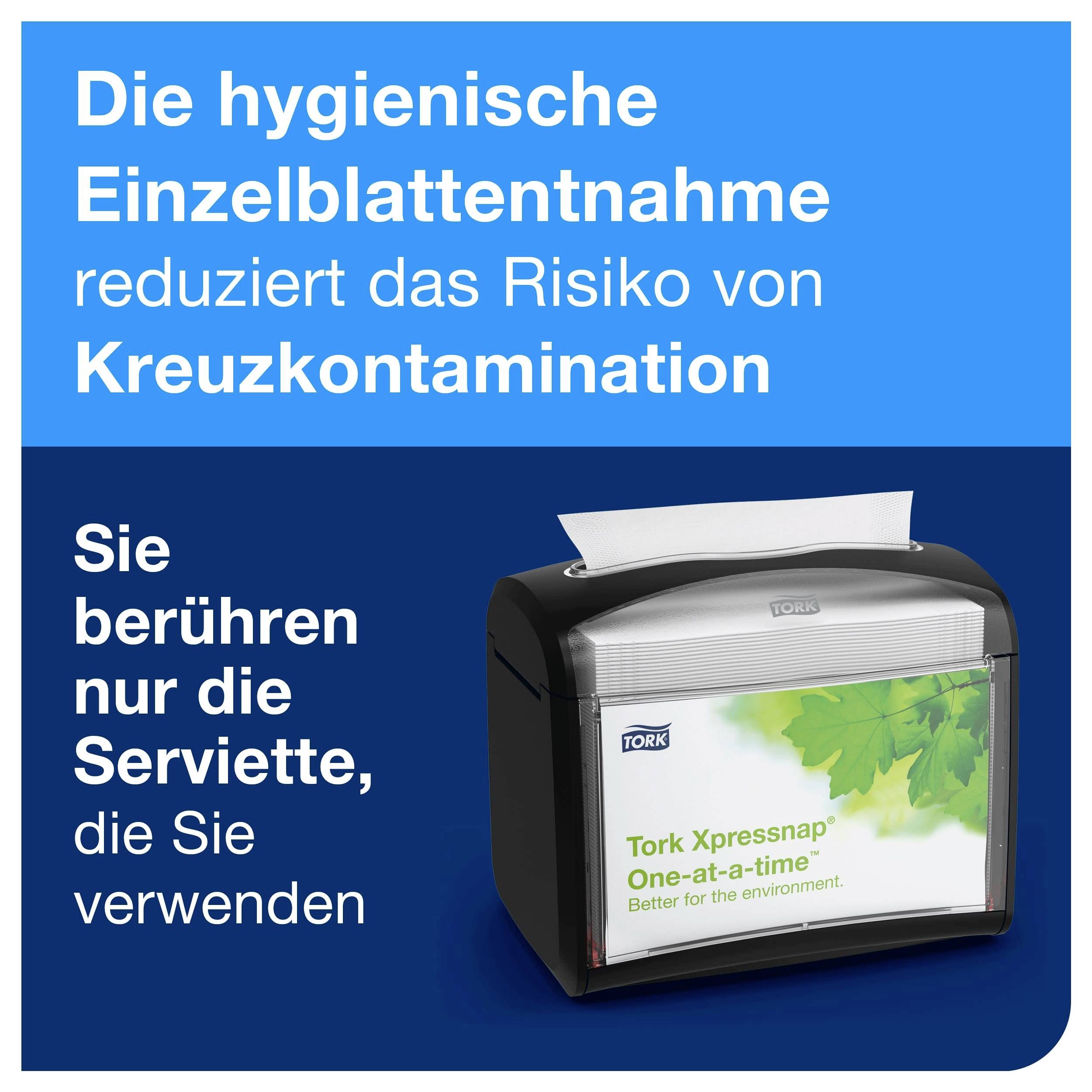 Werbegrafik: Hygienische Einzelentnahme reduziert Kreuzkontamination; man berührt nur die Serviette. Rechts ist ein Tork-Serviettenspender abgebildet.