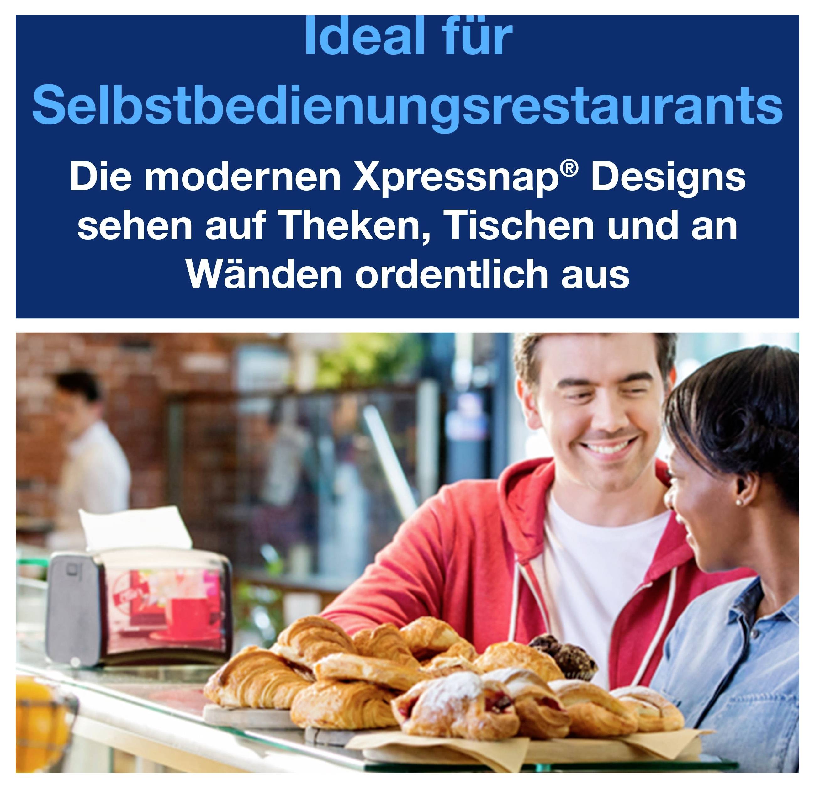 Werbeplakat für Selbstbedienungsrestaurants: 'Ideal für Selbstbedienungsrestaurants' und ein Paar an einer Theke mit Croissants, das moderne Xpressnap-Design wird beworben.