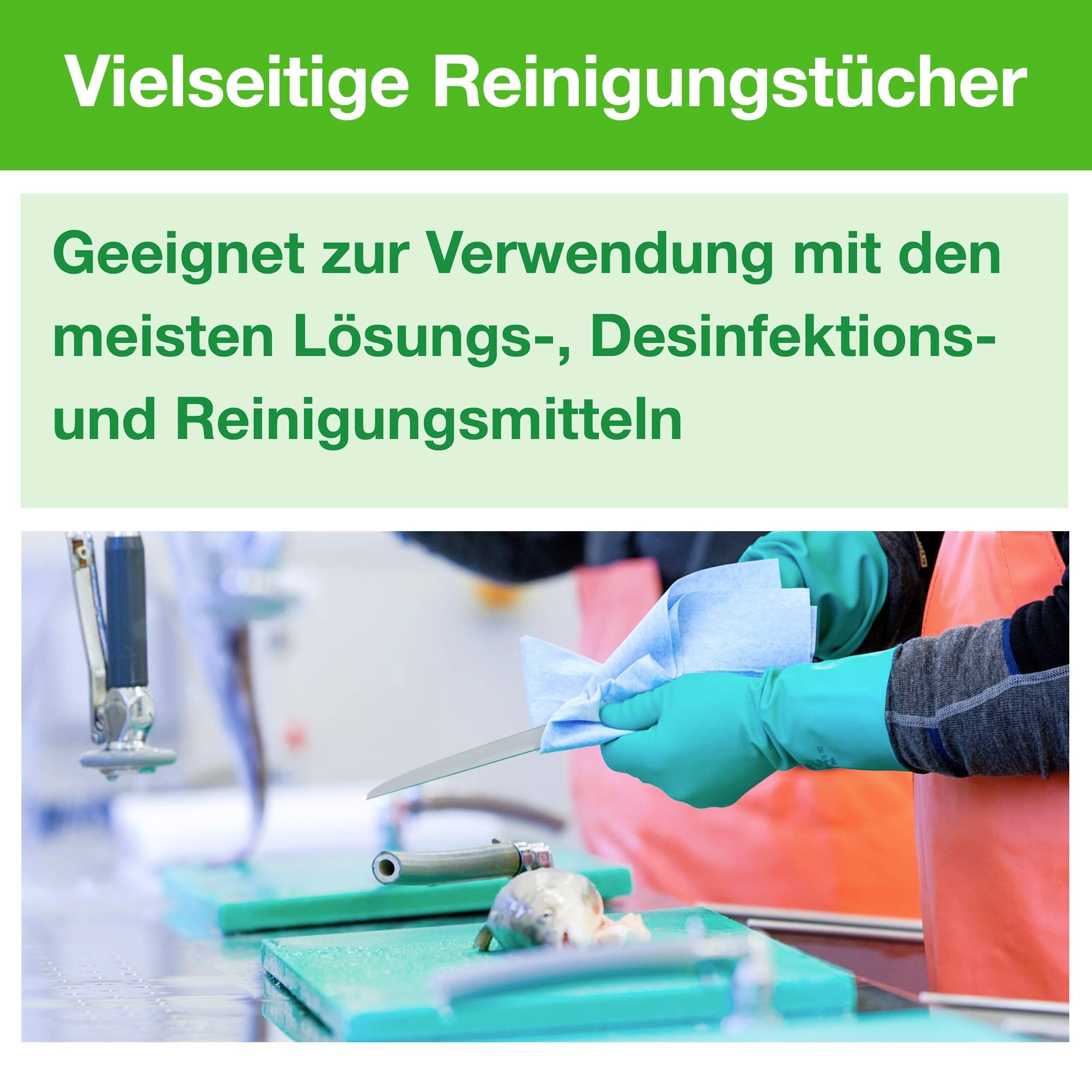 'Multi-Purpose Cleaning Wipes' in large white letters on a green background. Below the text: 'Suitable for use with most solution, disinfection and cleaning agents.' In the foreground, a person in protective clothing is using a cleaning wipe.