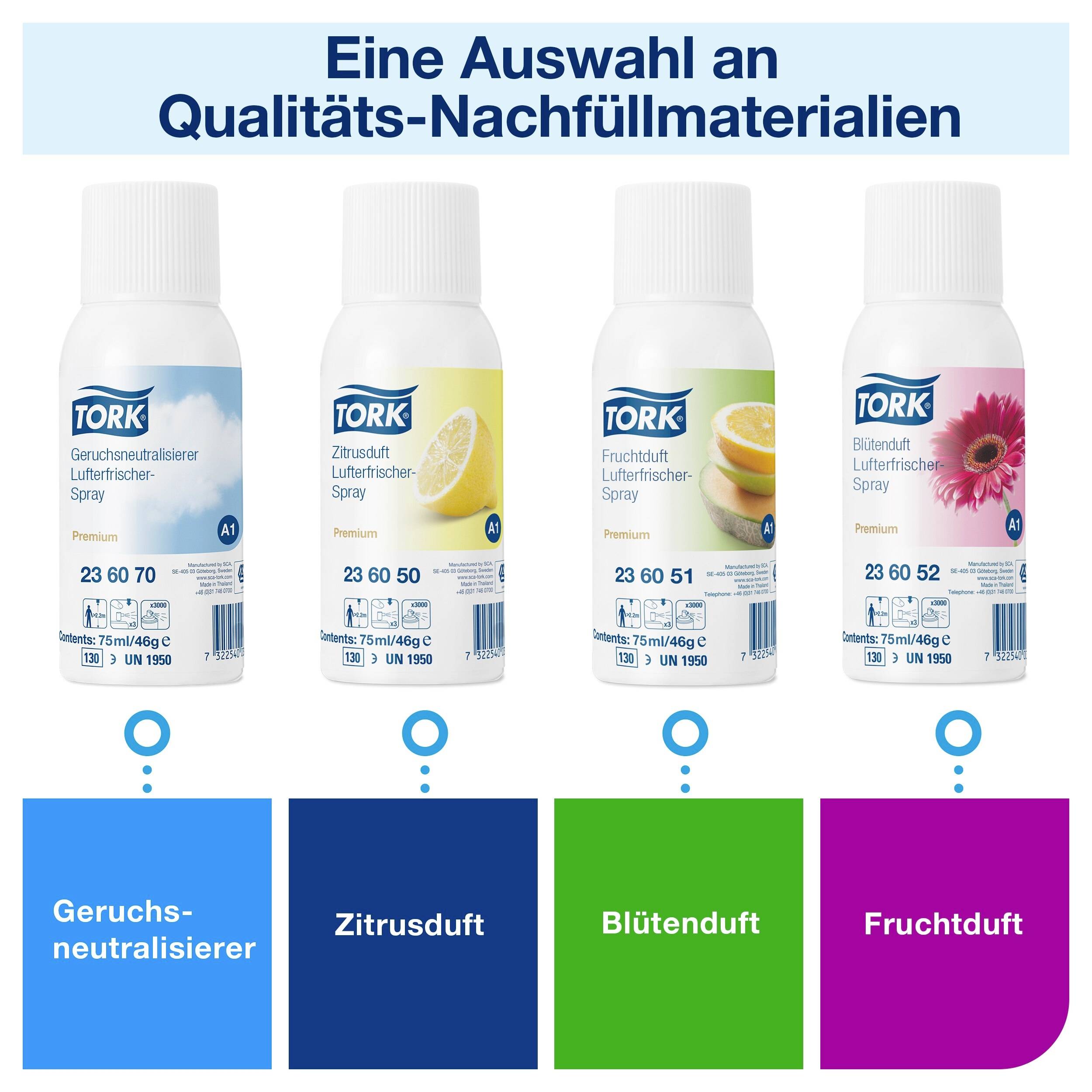 Une sélection de sprays désodorisants Tork avec différents parfums : neutralisateur d'odeurs, agrumes, fleurs, fruits.