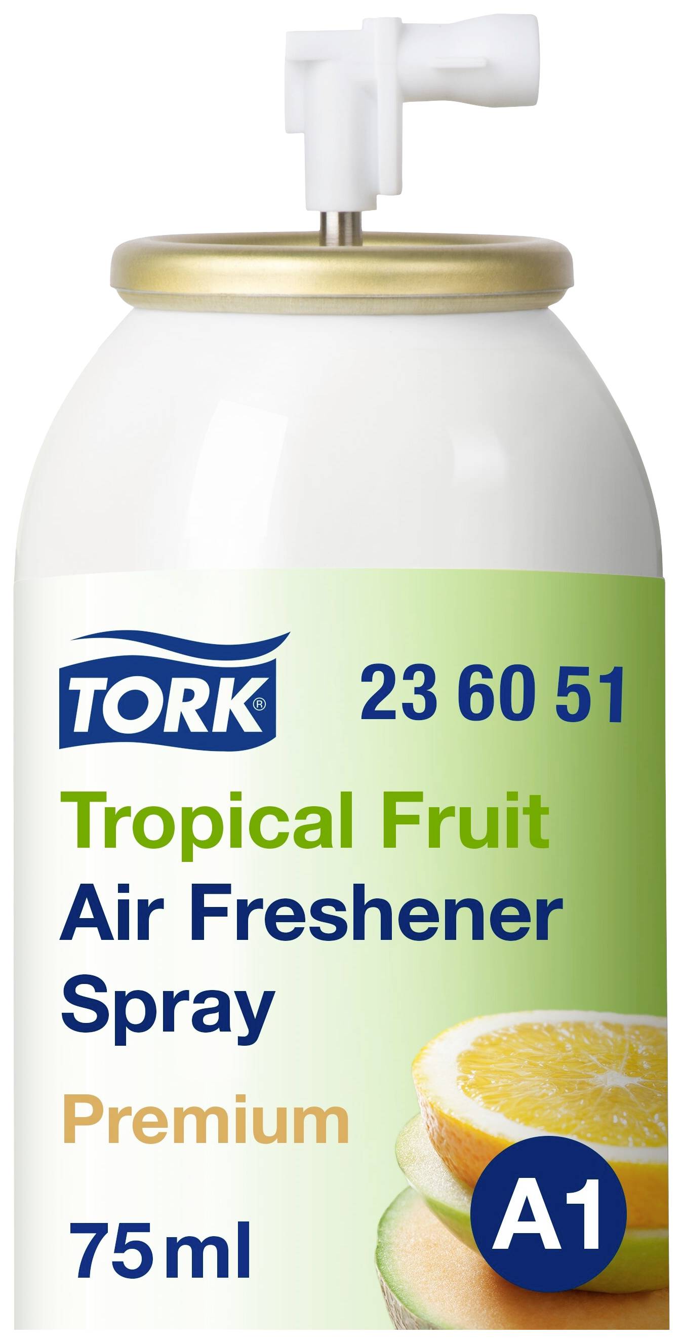 Désodorisant Tork aux Fruits Tropicaux, 75 ml. L'emballage présente un motif de fruits et le nom du produit.