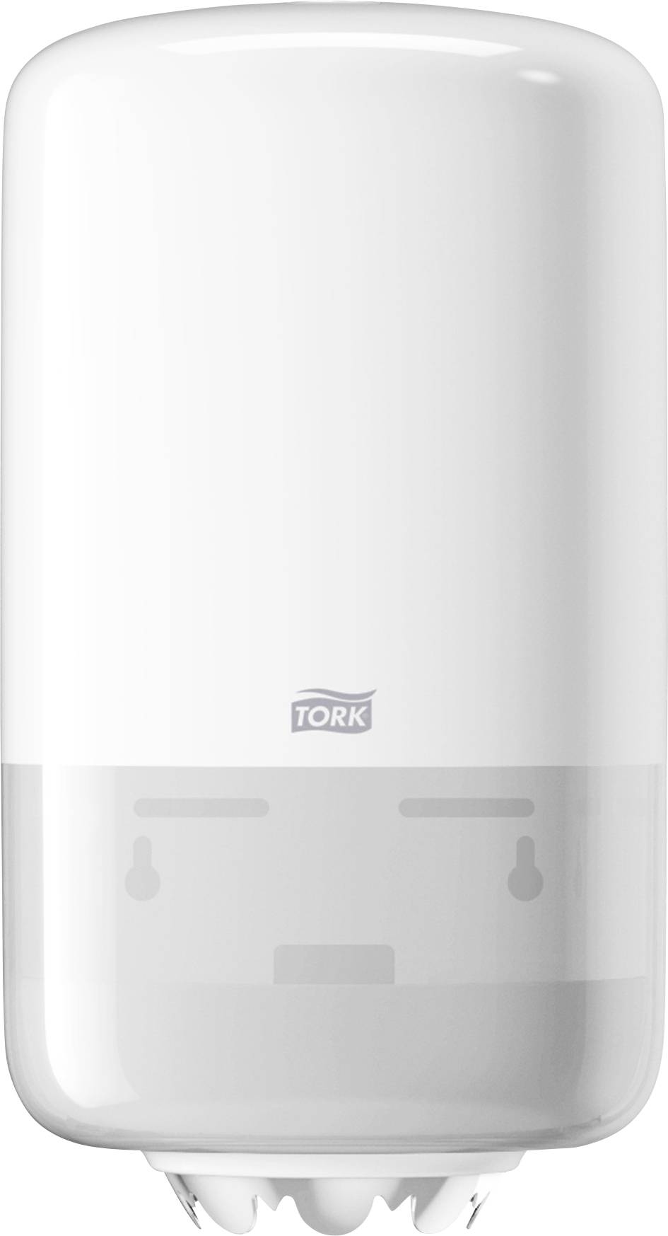 Distributeur mural Tork blanc avec une section inférieure transparente et ouverture frontale, présenté sur un fond uni.