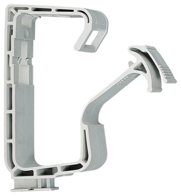Serre-joint à ressort en plastique gris avec une large ouverture, présenté en vue de profil sur fond blanc.
