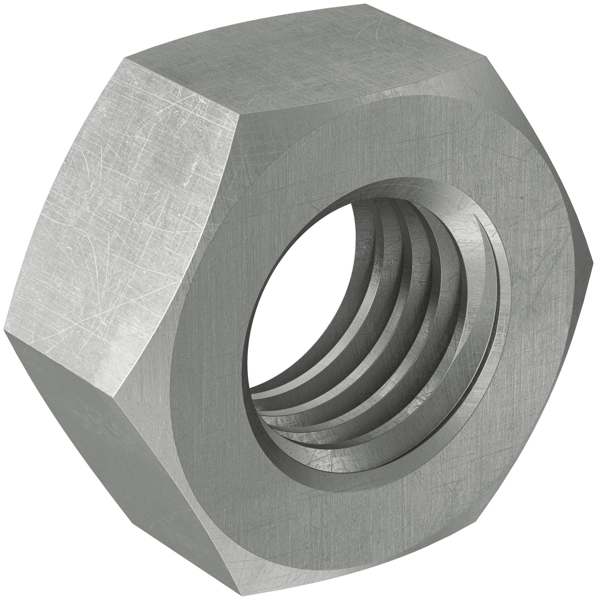 Un écrou hexagonal métallique avec un trou central fileté, montré en gros plan sur fond blanc.