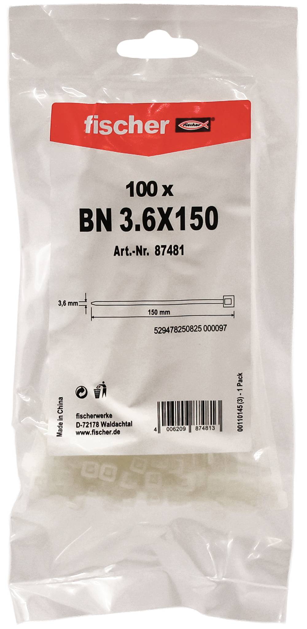 Fischer 87481 BN Serre-câble 150 mm 3.60 mm naturel 100 pc(s)