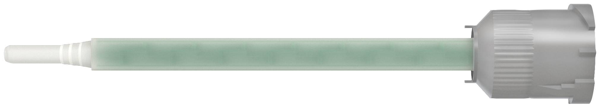 Une seringue en plastique vert et blanc ou un embout applicateur avec un capuchon gris cannelé sur la droite.