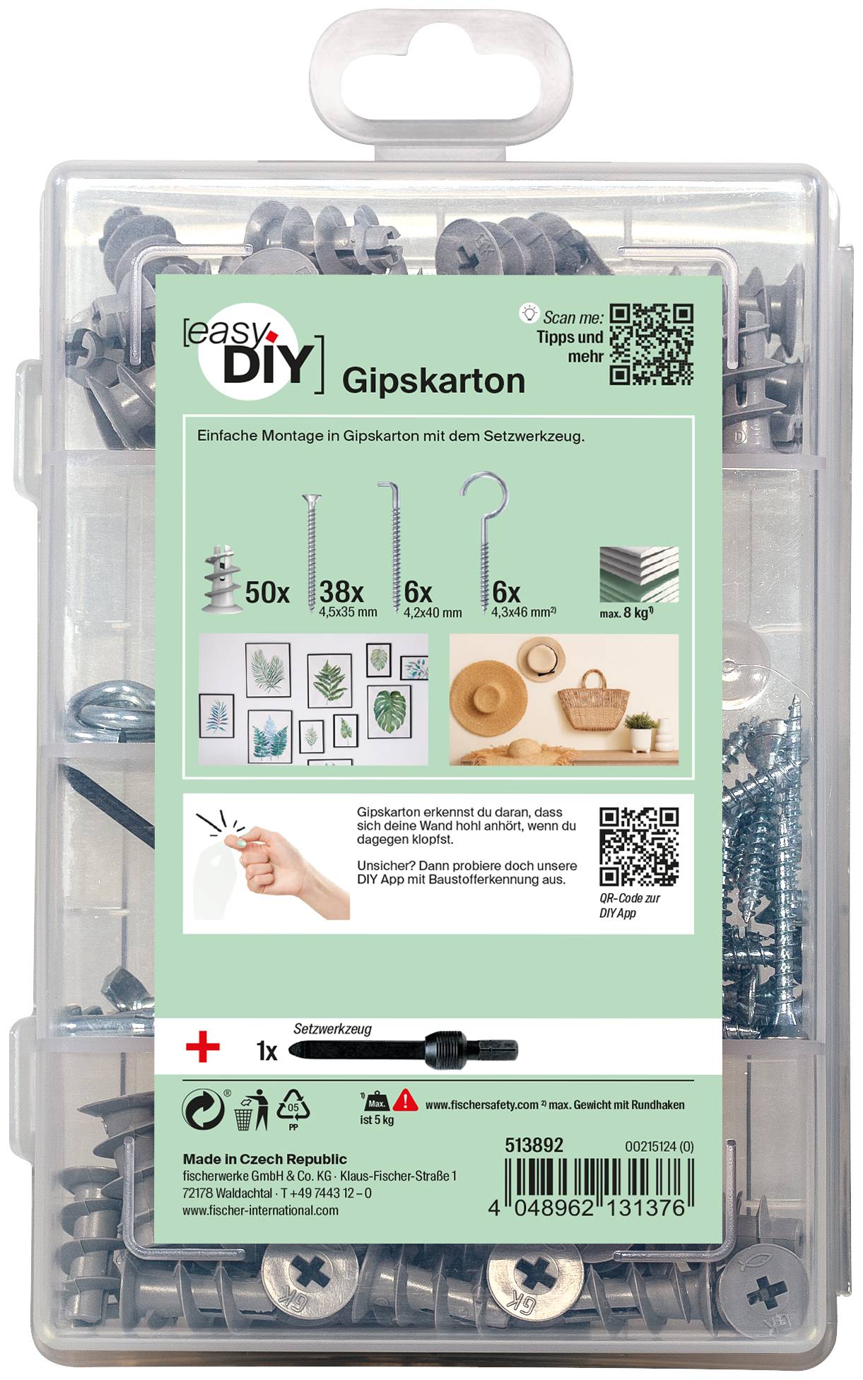 Boîte de kit de fixation pour plaques de plâtre DIY en plastique transparent avec le devant vert étiqueté « easyDIY Gipskarton » montrant les vis, chevilles et matériel de suspension inclus.