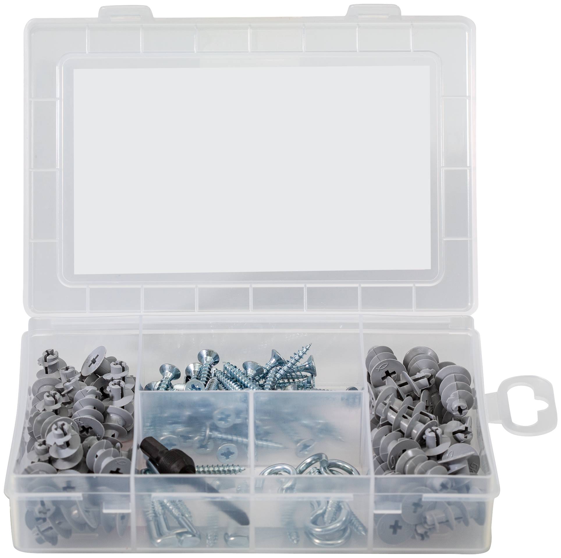 Boîte de rangement en plastique ouvert contenant un assortiment de chevilles en plastique gris, vis et attaches métalliques dans des compartiments divisés.