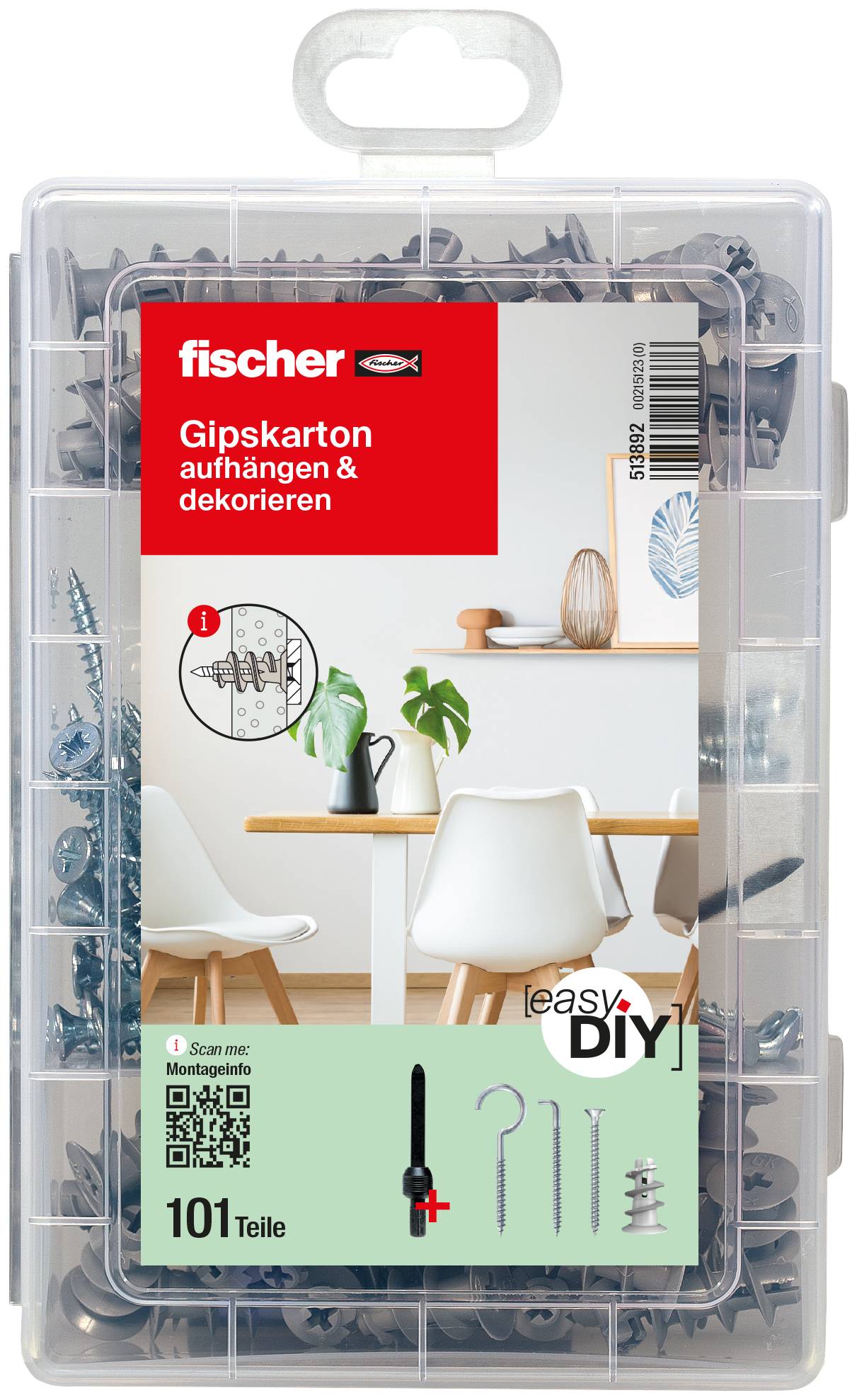 Paquet de chevilles de plaque de plâtre Fischer et de quincaillerie de suspension/décoration dans un boîtier en plastique transparent, étiqueté « Gipskarton aufhängen & dekorieren » avec « 101 Teile » et des icônes d'outils de bricolage.