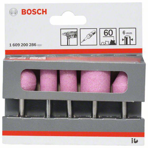 Ensemble d'accessoires de forage Bosch, comprenant des pointes de meulage roses, conditionnés dans un coffret gris avec une ligne d'accentuation rouge.