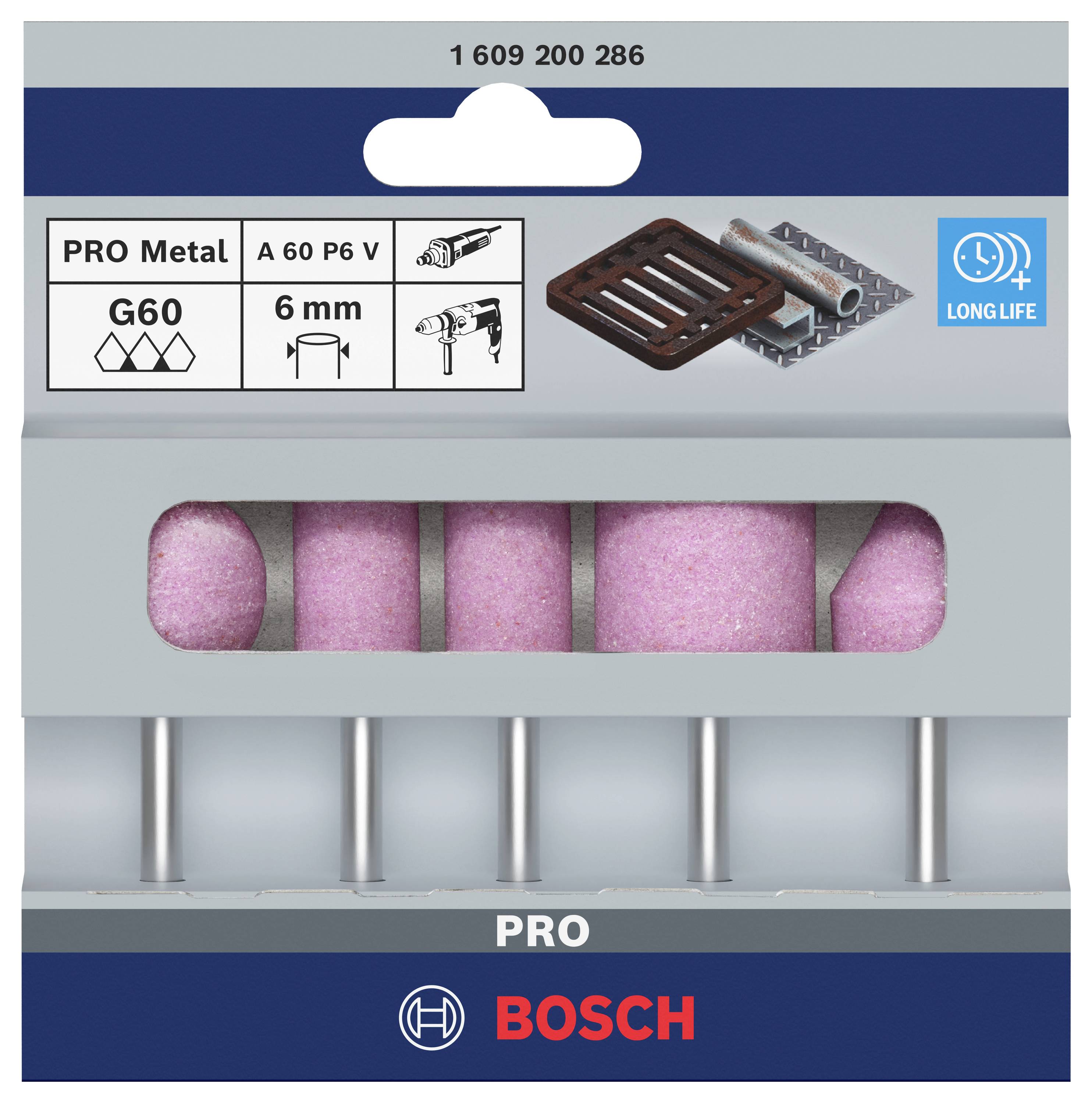 Jeu de broches de ponçage 'Bosch', PRO Metal, G60, emmanchement 6 mm. Adapté pour le travail des métaux, avec illustration d'une perceuse.