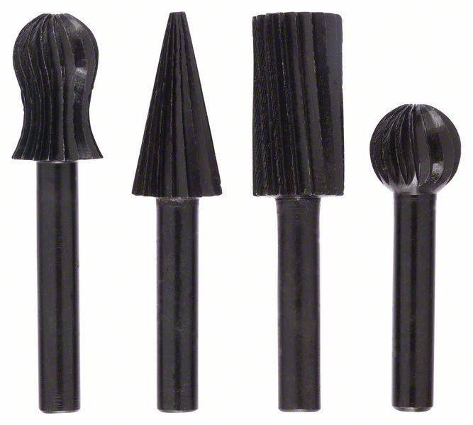 Quatre embouts de ponçage noirs de différentes formes : conique, rond, rectangulaire, sphérique. Pour un traitement de matériaux précis.