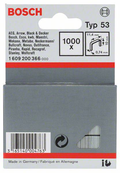 Agrafes Bosch de type 53 en emballage gris, 1000 pièces, dimensions 10 mm x 11,4 mm x 0,74 mm. Informations de marque et de produit imprimées.
