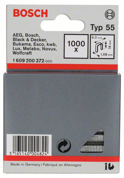 L'emballage indique des clous Bosch type 55, 1000 pièces, de 16 mm de long et 6 mm de large. Les marques compatibles sont AEG et Black & Decker.